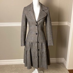 Burberry London Brown Check Plaid Herringbone Skirt Tiered Wool Trench Coat 2